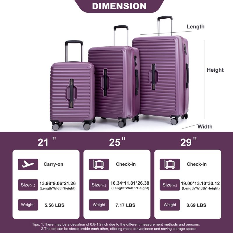 3 PCS Hardshell Luggage Set, PC+ABS Lightweight Suitcase with Two Hooks, Spinner Wheels, TSA Lock(21/25/29)-ModernLuxe, 3 of 14