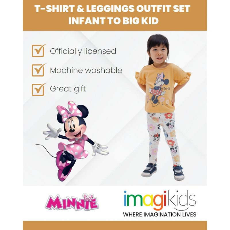 Disney Minnie Mouse Girls Peplum T-Shirt and Leggings Outfit Set Toddler to Little Kid, 3 of 7