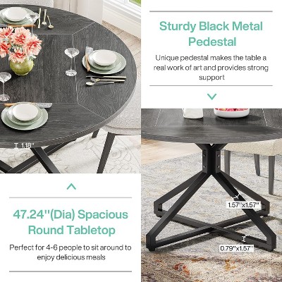 47-Inch Gray Wood Round Dining Table with Metal Pedestal Base