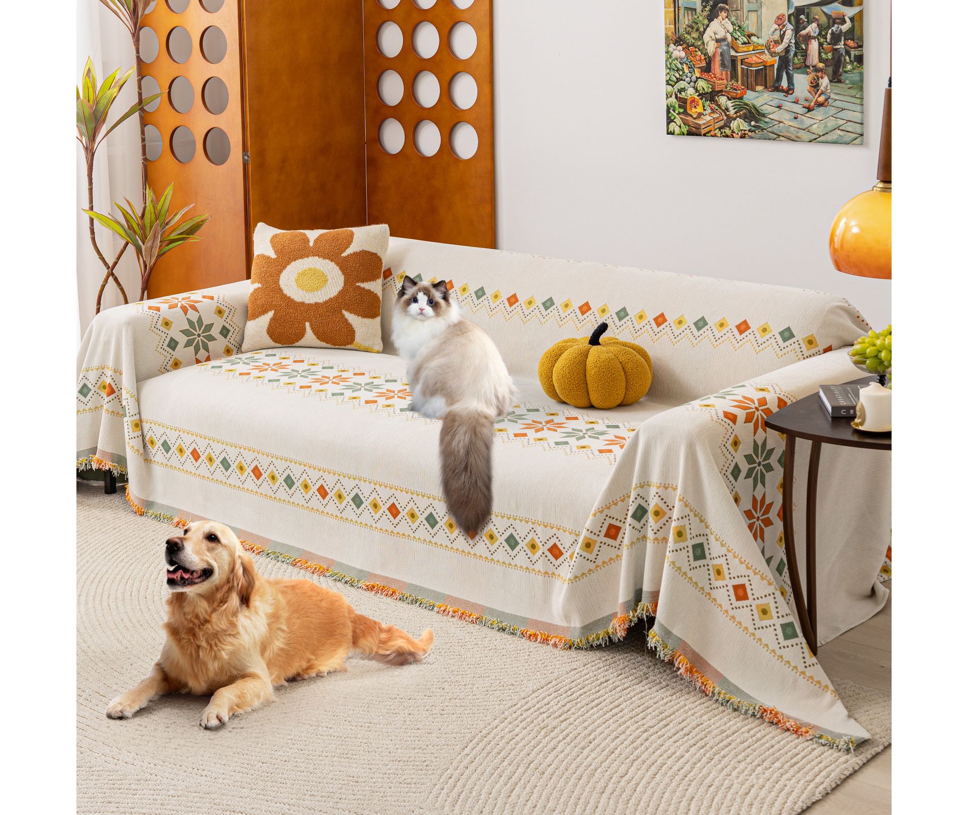 Bekrvio Soft Chenille Couch Covers for Pets Washable Tassel Sofa Blanket Slipcover Cat Scratch Proof Couch Protector, 51'' x 71'' Beige