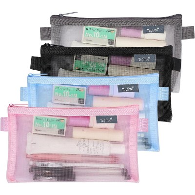 Fmeida 3 Pieces Pencil Case Set, Clear Exam Pencil Pouch, Nylon Mesh Zipper Pen Case Bag Black