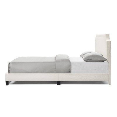 White Boucle Upholstered Queen Bed with Nailhead Trim and Wood Frame