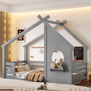 Twin/Full Montessori Bed Frame House Floor Bed, Platform Bed with Window, Built-in Shelf & House-Shaped Roof - ModernLuxe - 1 of 4