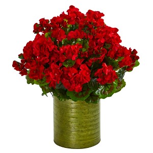 Nearly Natural Geranium Artificial Plant in Metal Planter UV Resistant (Indoor/Outdoor), Red - 1 of 4