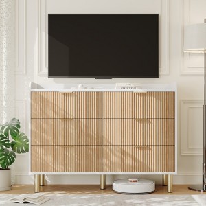 47.2" Fluted Wood Double Dresser with Metal Handles - Curved Design Wide Storage Organizer Cabinet for Bedroom, Living Room, Entryway - 1 of 4