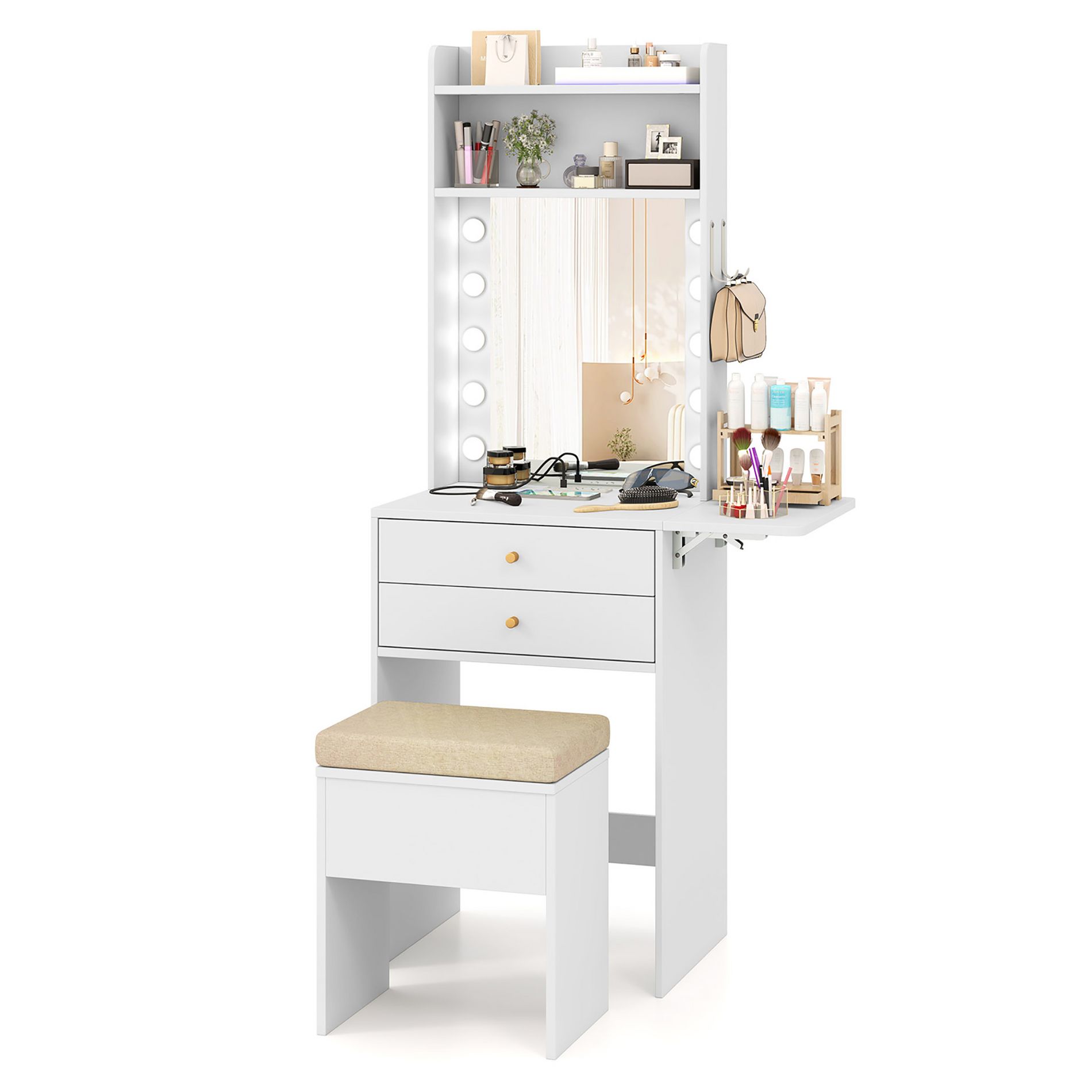 Costway Vanity Desk Set w/ Mirror and Lights 3-Color Lighted Mirror Cushioned Stool White