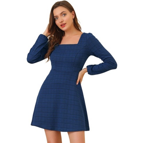 Allegra K Women's Fall Vintage Square Neck Long Sleeve Plaid Dress Blue  X-Large