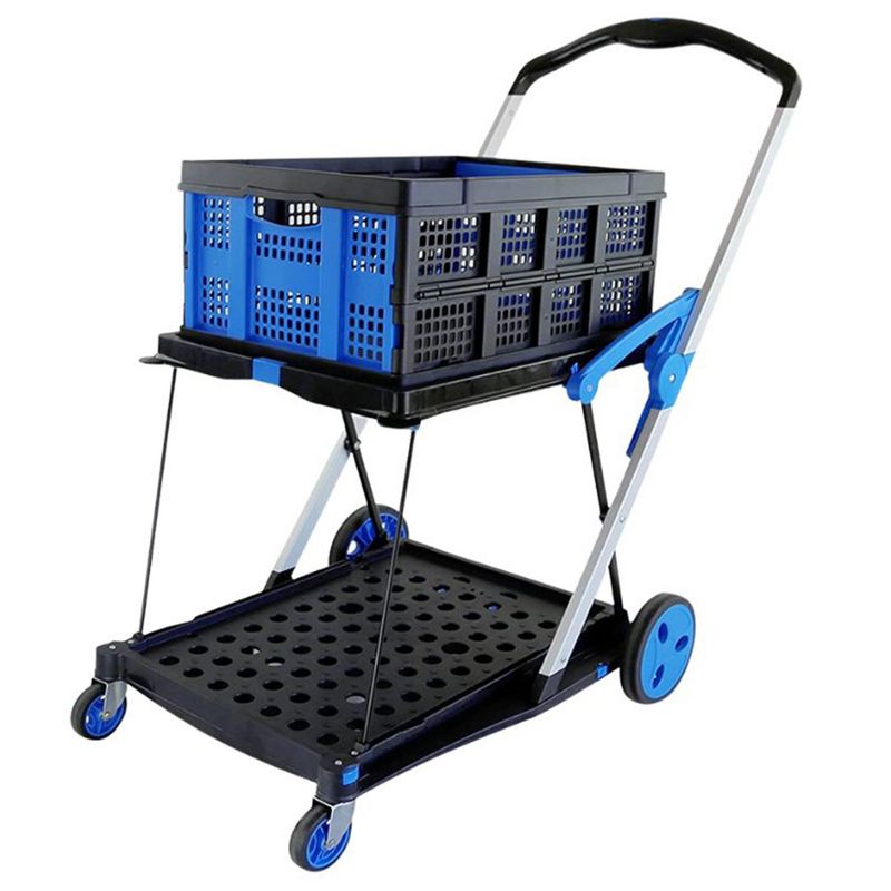 Magna Cart 2-Tier Folding Shopping Rolling Crate Cart, Grocery Cart with Collapsible Utility Tote Crate and Brake System, Black/Blue, 2 of 7