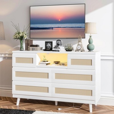 Natural Rattan 6 Dresser for Bedroom with LED Light and Charging Station