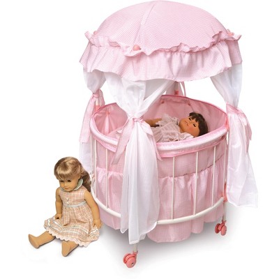 Pink and White Gingham Round Doll Crib with Canopy