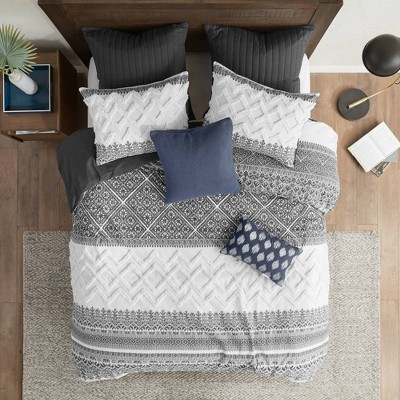 Mila Gray Cotton King Duvet Cover Set with Chenille Tufting