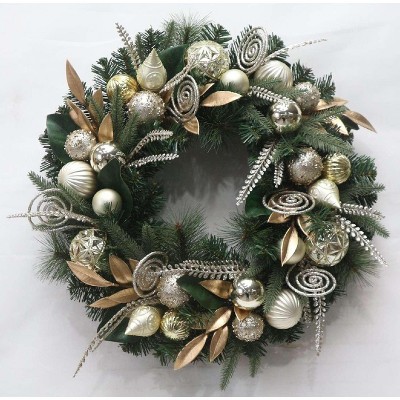 24"Pre-Lit Christmas Wreath for Front Door,Gold Lighted Xmas Door Wreath with 20 Battery Operated LED,Ball Ornaments for Wall Fireplace Holiday Decor