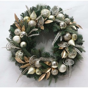24"Pre-Lit Christmas Wreath for Front Door,Gold Lighted Xmas Door Wreath with 20 Battery Operated LED,Ball Ornaments for Wall Fireplace Holiday Decor - 1 of 4
