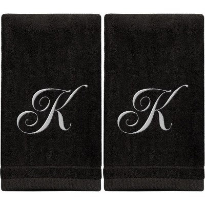 Creative Scents Black Fingertip Monogrammed Towels White Embroidered