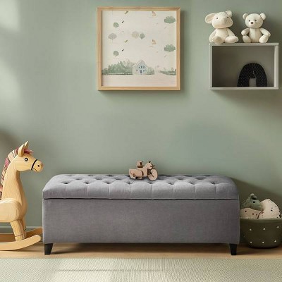 Gray Tufted Birch Storage Bench with Graduated Legs