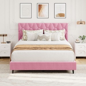 Pink Bed Frame with Upholstered Headboard, Heavy-Duty Platform Bed, No Box Spring Needed/Noise Free, Velvet Diamond Tufted - 1 of 4
