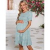 Coolmee Women's Summer Maternity Mini Dress Short Puff Sleeve Crewneck Ruffle Hem Short Dress for Baby Shower - 2 of 4