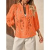 Imily Bela Women's deep V-neck hollow-out blouse, 3/4 puff sleeves, front button design, spring and autumn blouse - 3 of 4