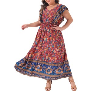 Agnes Orinda Women's Plus Size Floral V Neck Ruffle Sleeve Beach Casual Boho Maxi A Line Dresses - 1 of 4