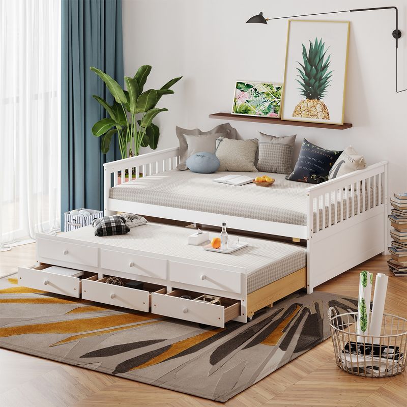 Costway Full Daybed Frame with Twin Trundle Bed & 3 Storage Drawers Wood Sofa Bed White, 3 of 11