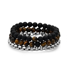 Steeltime Men's 3pc set black lava, stone and round box link bracelets. Color Option: Blue, Black - 1 of 4