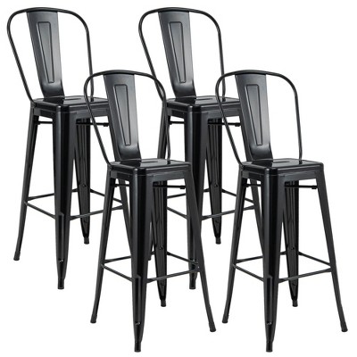 Set of 4 Black Metal Industrial Bar Stools with Backrest