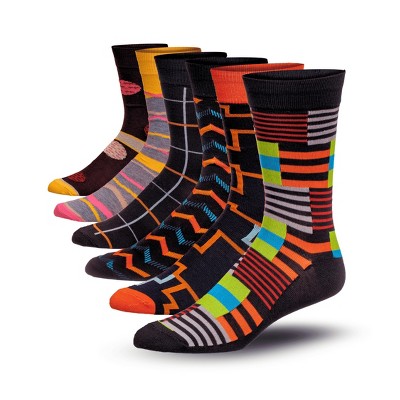 JAMES FIALLO Mens 6-Pairs Whimsical Waves Chic Horizontal Striped & Hexagonal Designs Crew Dress Socks