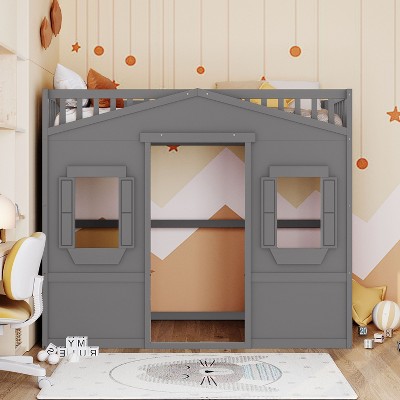 NicBex Twin Size Loft Bed Classic House Shape Pine Bunk Bed Frame with Windows, Ladder and Full Length Guardrail, No Box Spring Required