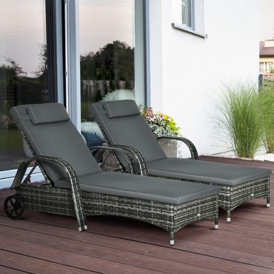 Gray Wicker Outdoor Chaise Lounge Set with Cushions and Wheels