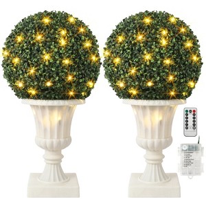 16" Pre-Lit Artificial Topiary Balls 2-Pack - UV Resistant & Waterproof Faux Greenery  with Weighted Pot Base for Front Porch/Garden Decor) - 1 of 4