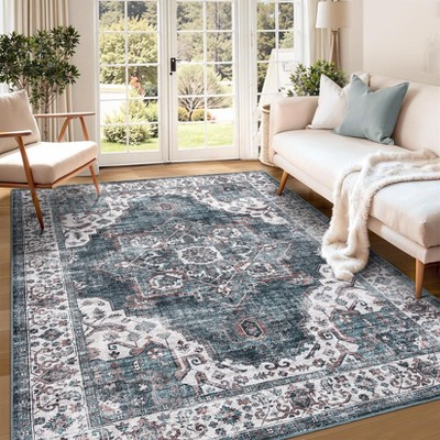 Persian Retro Carpet Vintage Floral Rugs for Living Room Bedroom Decor Washable Indoor Area Rug Low Pile Non Slip Soft Floor Mat