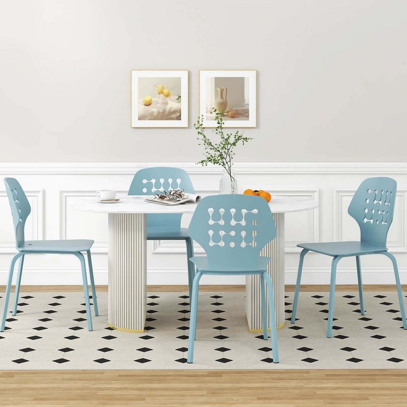 Costway Metal Dining Chair Set of 4 Armless Kitchen Hollowed Backrest & Metal Legs Blue/White, 5 of 11