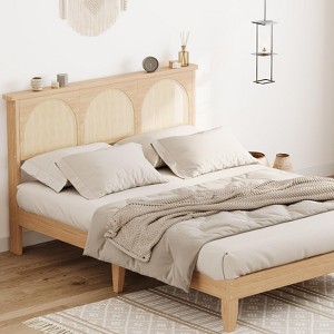Solid Wood Bed with Natural Rattan Headboard & LED Lights, No Box Spring Needed, Storage Underneath, Sturdy Noise-Free Bed Frame, Easy Assembly - 1 of 4