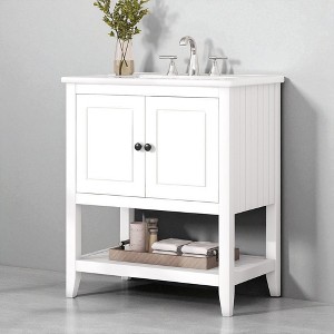 30" Bathroom Vanity with Ceramic Sink, Solid Pine Frame, Cabinet and Open Shelf, Modern Morandi Style - 1 of 4