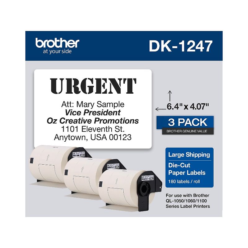 Brother DK-1247 Large Shipping Paper Labels 6-4/10" x 4-7/100" Black on White 180 Labels/Roll 3, 1 of 6