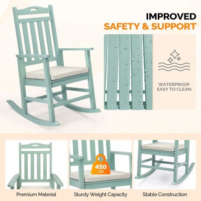 Wooden rocking chair with panels and water droplets showing waterproof feature