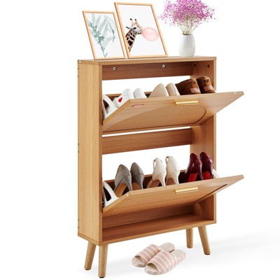Shoe Cabinet with 2 Flip Drawers, Shoe Storage Cabinet for Entryway, Free Standing Shoe Storage Organizer with Rattan Doors for Heels, Boots