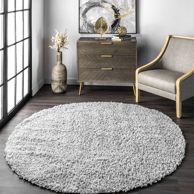 Luxurious Gray Solid Shag Round Synthetic Rug - Easy Care