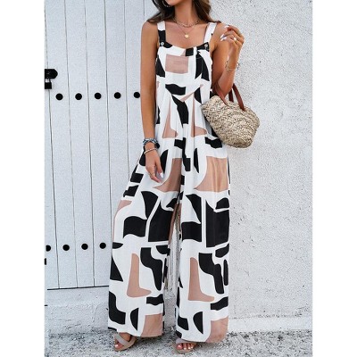 Women's Printed Jumpsuit Square Neck Overalls Loose Fit Wide Leg Jumpsuit With Pockets