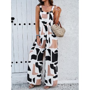 Women's Printed Jumpsuit Square Neck Overalls Loose Fit Wide Leg Jumpsuit With Pockets - 1 of 4