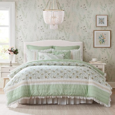 Lyngins 9-Piece Cotton Percale Comforter Set – Cottage Shabby Chic Paisley Print, Lace Taping, Oeko-Tex Certified, Cal King Bedding Set