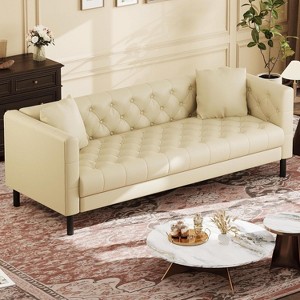 TackView 81" Mid-Century Modern Chesterfield Sofa - Faux Leather 3-Seater Couch with Deep Seats, Button Tufting & 2 Pillows - 1 of 4