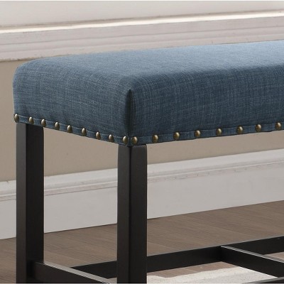Blue Linen and Cotton Counter Height Dining Bench with Nailhead Trim