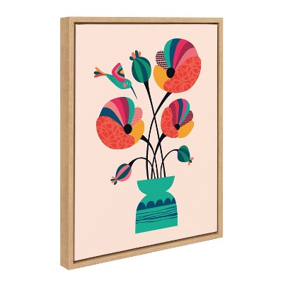 Mid-Century Modern Multicolor Floral Canvas Print with Natural Frame