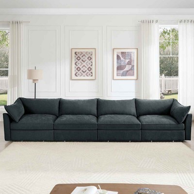 Modern 4-Seater Sofa with Crescent Armrests, Sectional Sofa with Pull-Out Storage Drawers, Sofa with Chenille Fabric Cushion-Cuddlewood