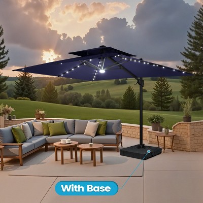 Crestlive Products 11FT Patio Double Top Cantilever Umbrella with Light and Base Set Outdoor 360° Rotation 6 Heights Adjustable Offset Umbrella