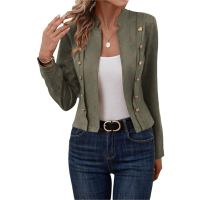 BLUEMING Womens Faux Suede Jackets Fall Casual Business Long Sleeve Open Front Buttons Crop Blazer Jacket Coats