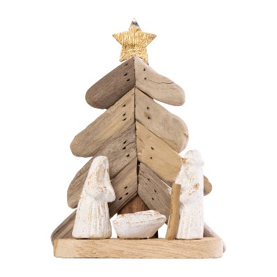 Transpac Driftwood Tree Nativity Figurines Beige Wood Christmas Tabletop Decor for Indoor Holiday Celebrations and Gifts