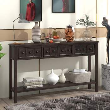 Rustic Entryway Console Table, 60" Sofa Table with Two Different Size Drawers and Bottom Shelf-ModernLuxe