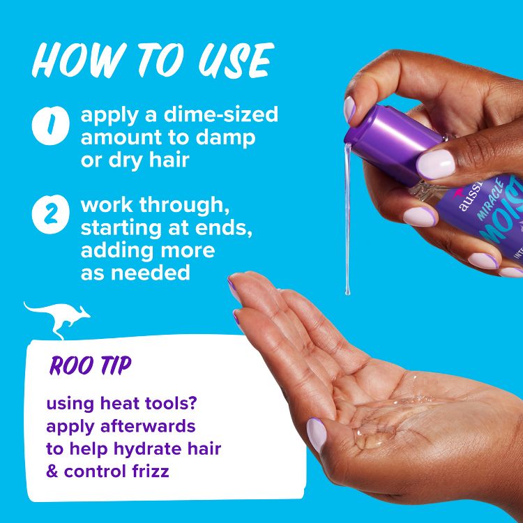 Aussie Miracle Moist hair oil bottle with a purple colored cap pouring a clear oil into an open hand, with on-image text reading 'HOW TO USE' and usage steps.